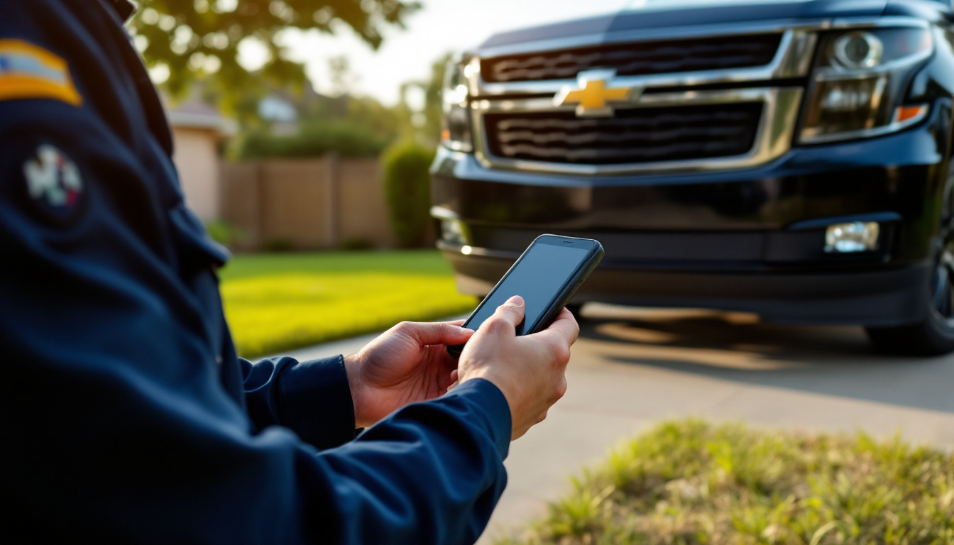 locksmith programming a spare proximity fob for a Chevy Tahoe in an Aledo TX driveway