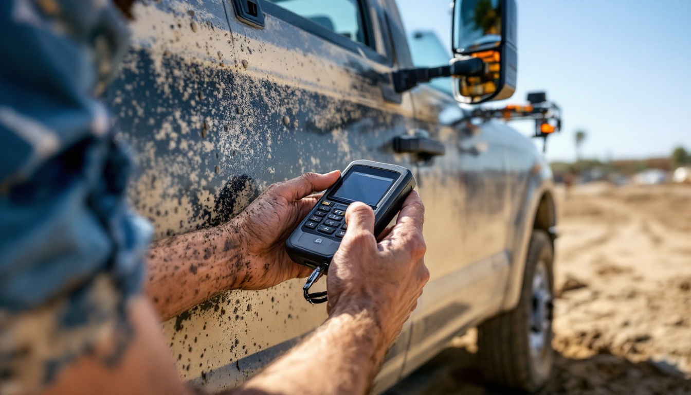 mobile locksmith programming a Ford F-250 Super Duty key at a job site in Aledo TX