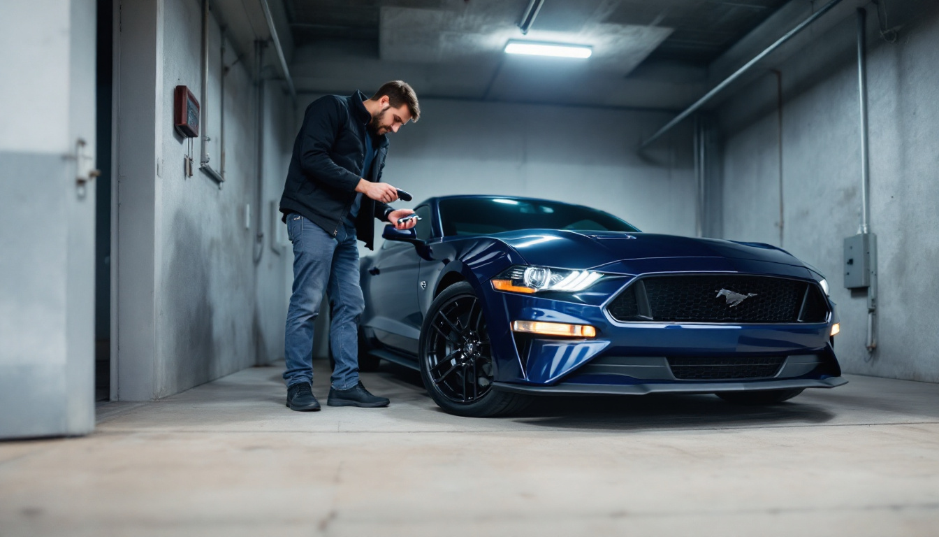 locksmith programming a spare key for a Ford Mustang in an Aledo TX driveway