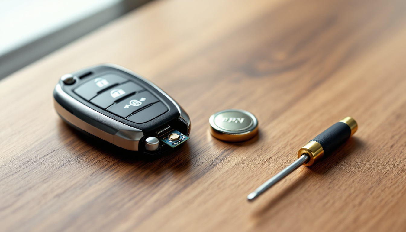 driver replacing a coin cell battery in a car key fob in a driveway in Aledo TX