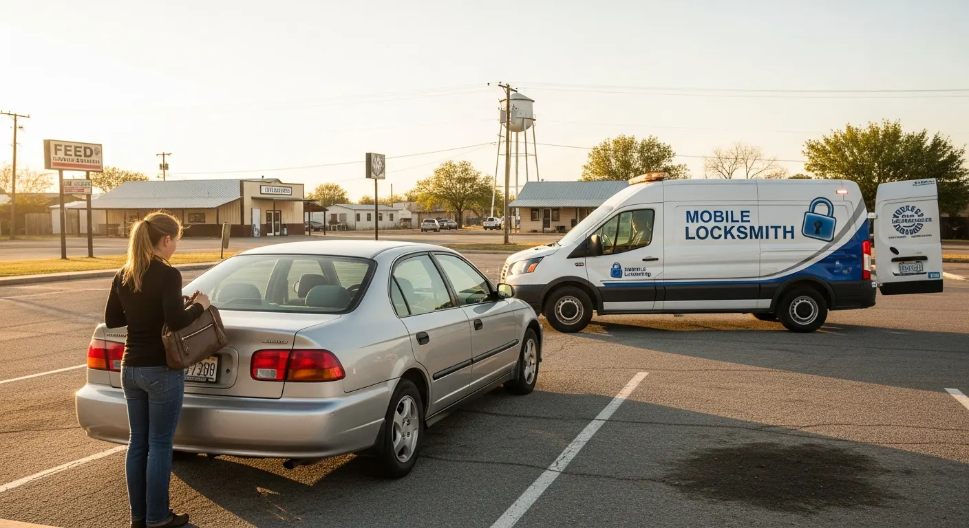 Customer beside her sedan in Aledo TX parking lot at golden hour as mobile locksmith van arrives