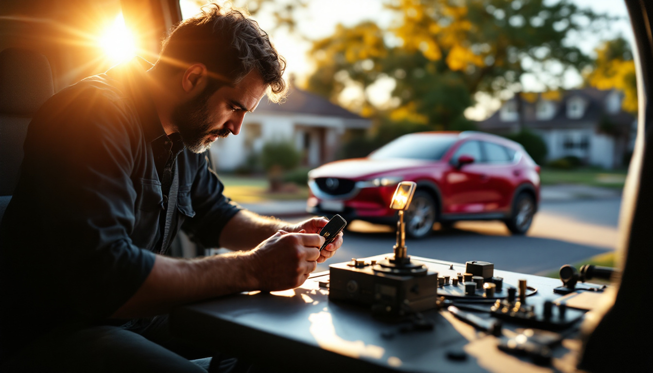 locksmith programming a Mazda advanced keyless entry fob next to a CX-5 in Aledo TX