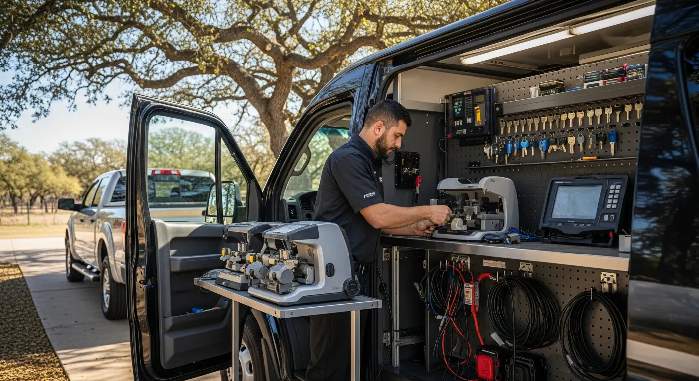 Mobile locksmith van with open side doors revealing key-cutting equipment in an Aledo TX residential driveway