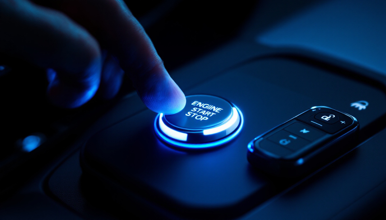 finger pressing a push-to-start engine button with a smart key fob nearby in Aledo TX