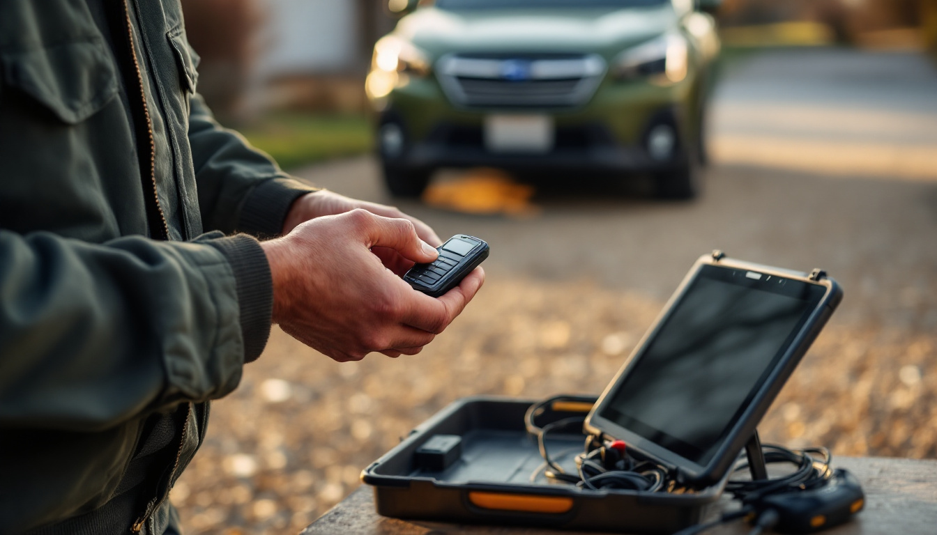 mobile locksmith cutting and programming a Subaru smart key beside an Outback in Aledo TX