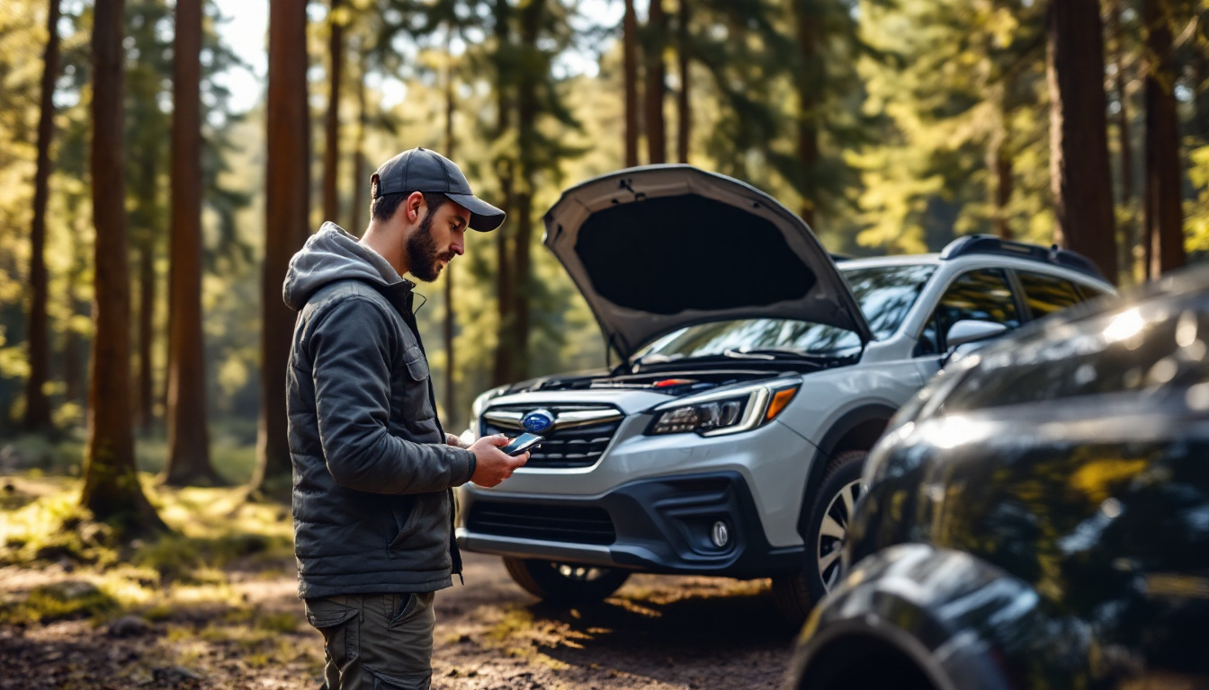 locksmith programming a spare smart key for a Subaru Outback in an Aledo TX driveway