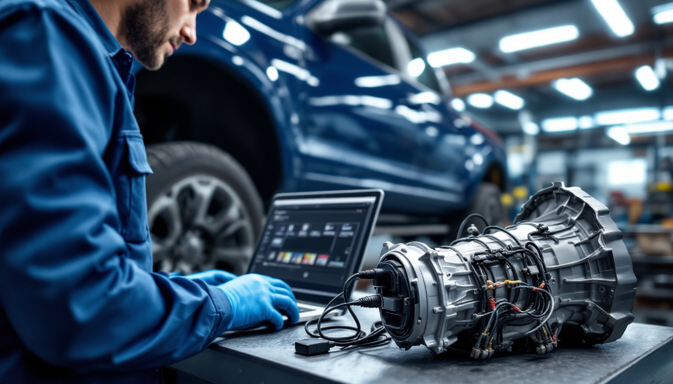 mobile technician VIN-programming a transmission control module through the OBD port in Aledo TX