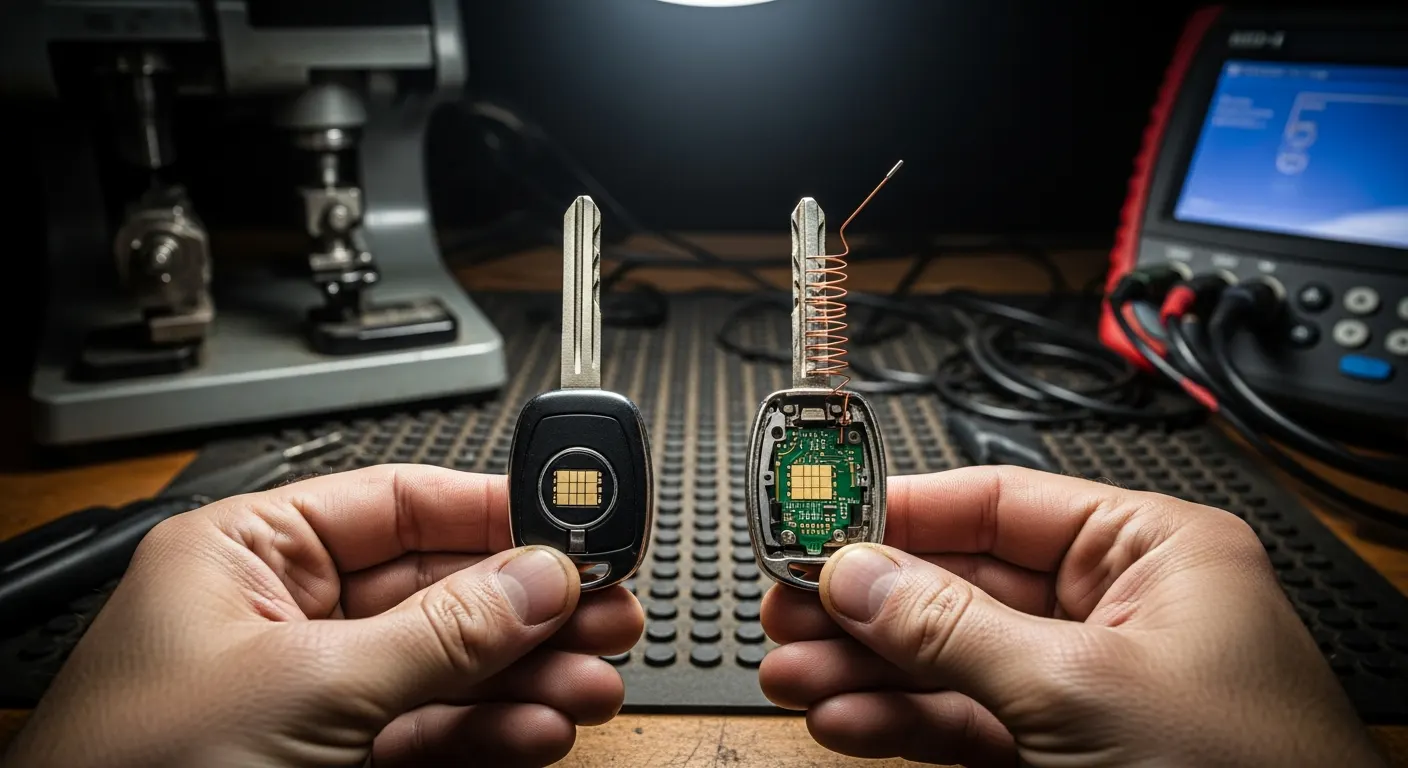 Macro photograph of two transponder car keys side by side with internal chip antenna visible